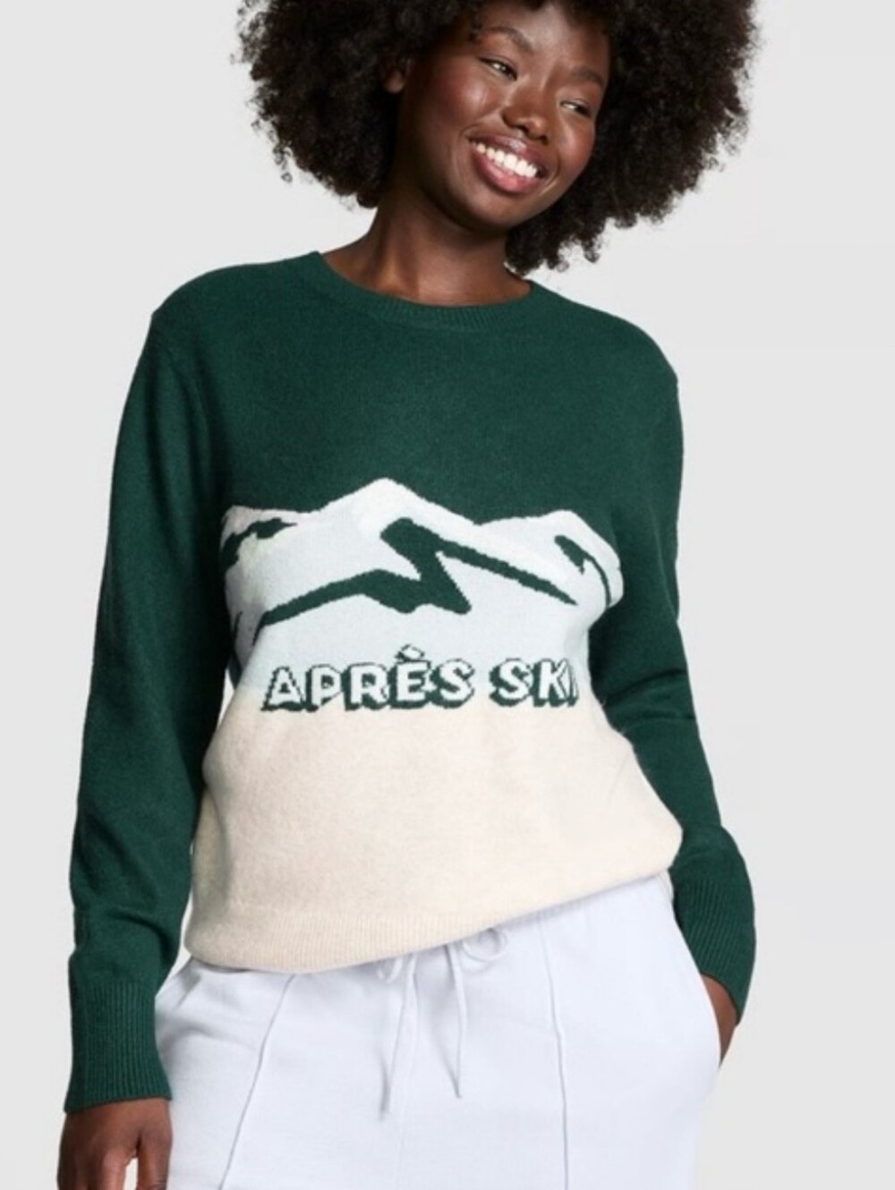 Victoria's Secret PINK Après Ski Colorblock Crewneck Sweater Green & Cream XL 🆕